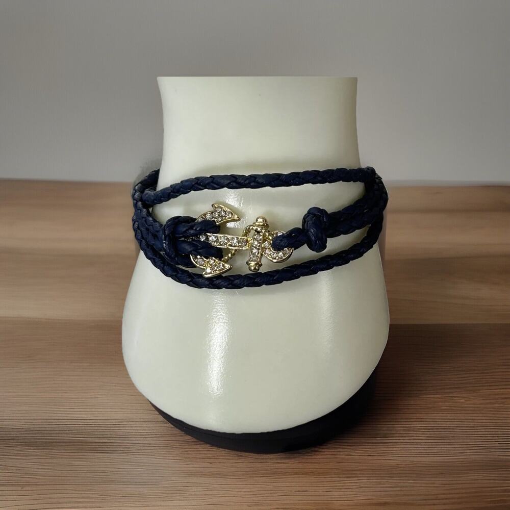 Cute Braided Leather Bracelet with Rhinestone Anchor. Measures 7.5"